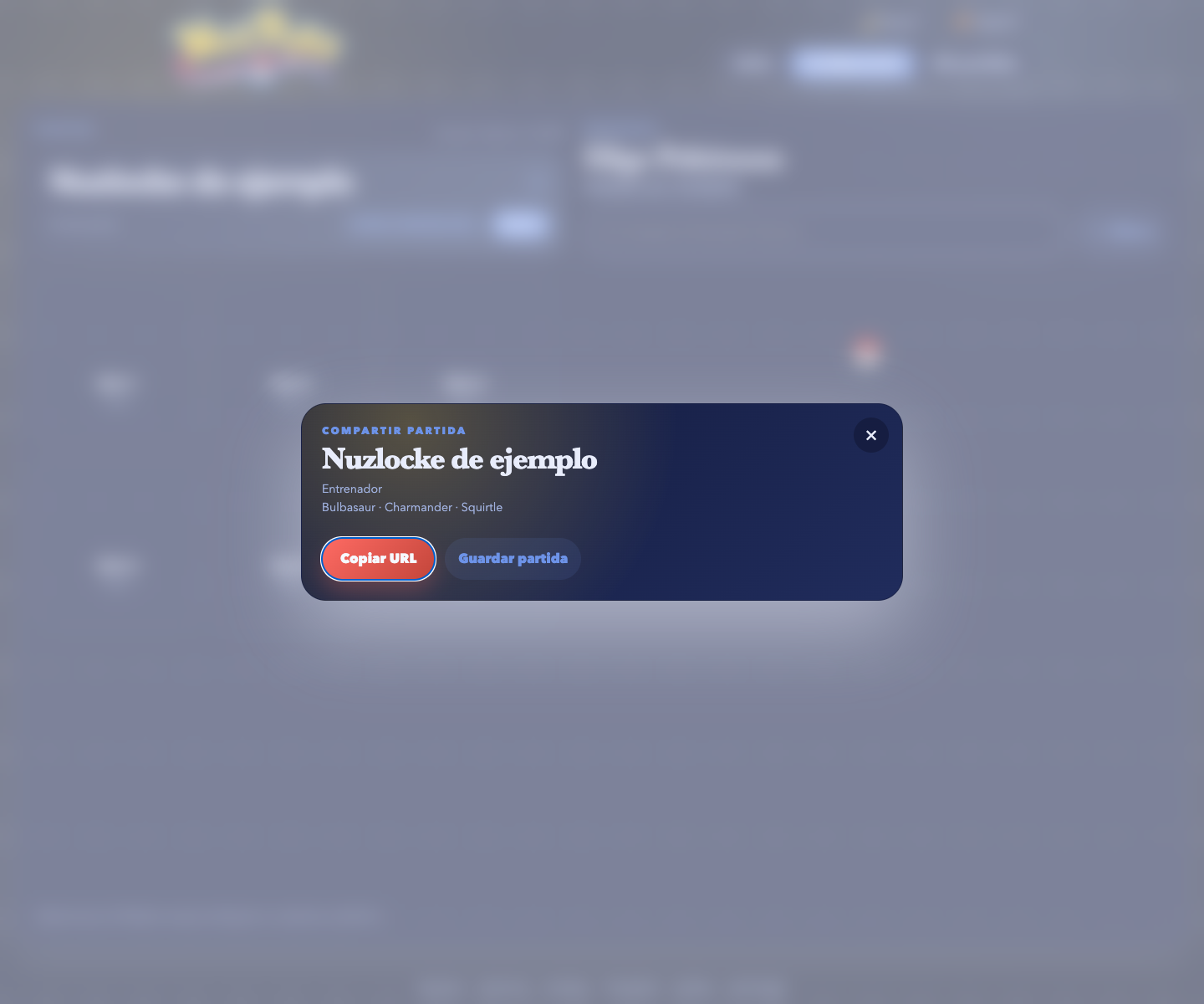 Diálogo para compartir y guardar una partida de NuzPoke