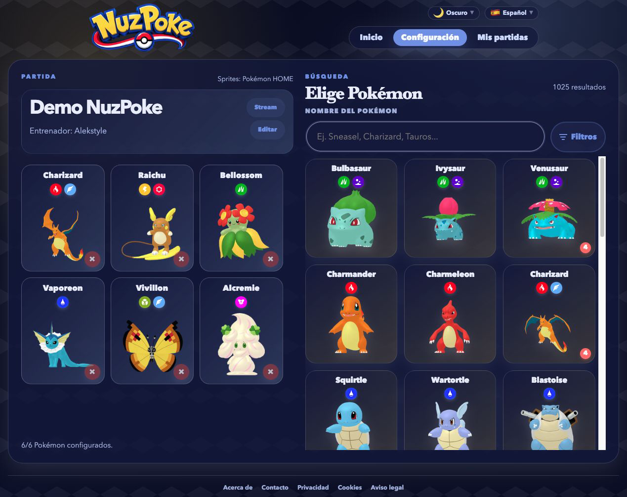 Configuración de NuzPoke con un equipo completo y el catálogo