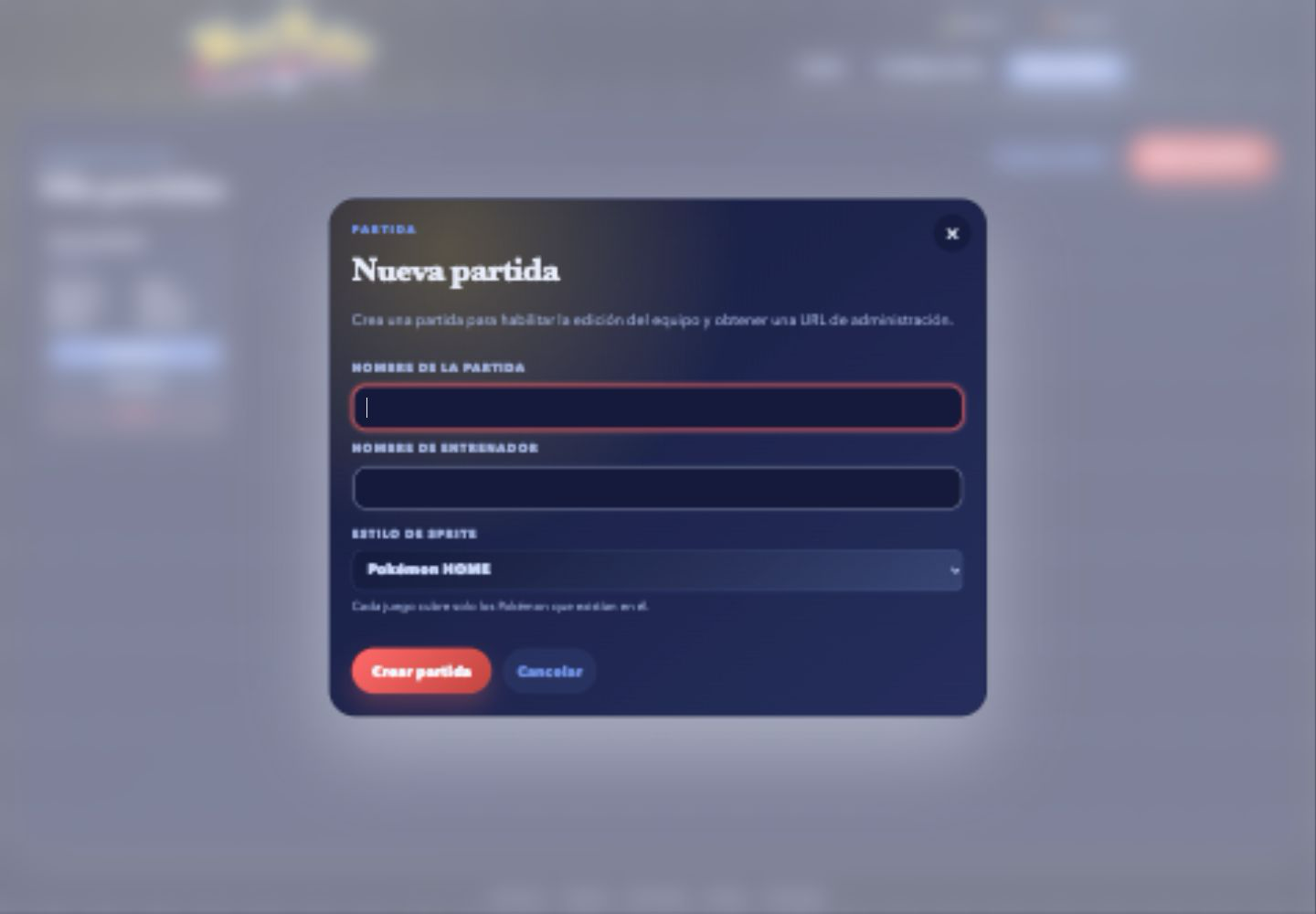 Formulario Nueva partida con nombre, entrenador y estilo de sprite