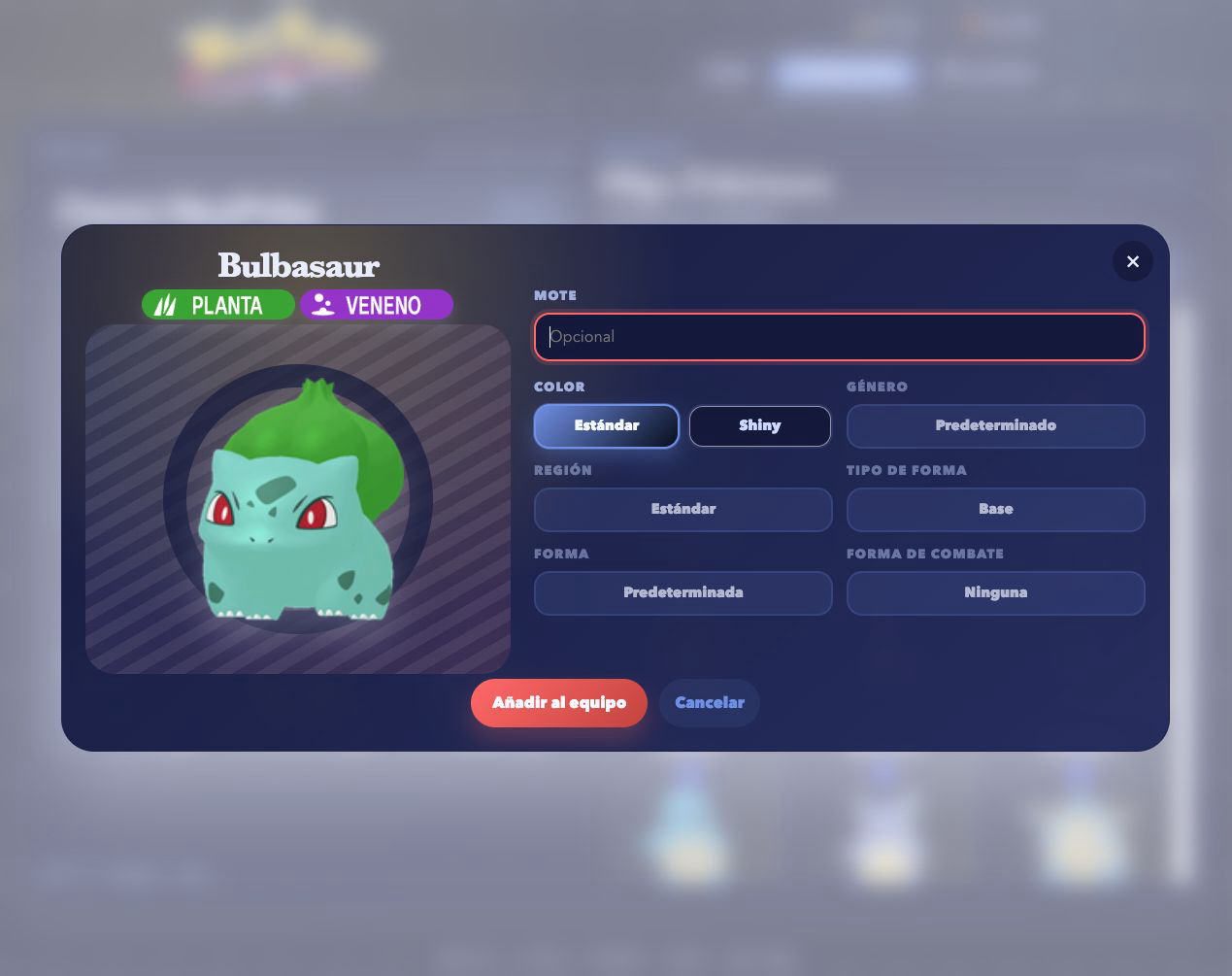 Pokémon variant picker with all its settings