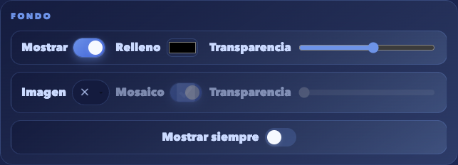 Configuración individual de relleno, imagen, mosaico y transparencias