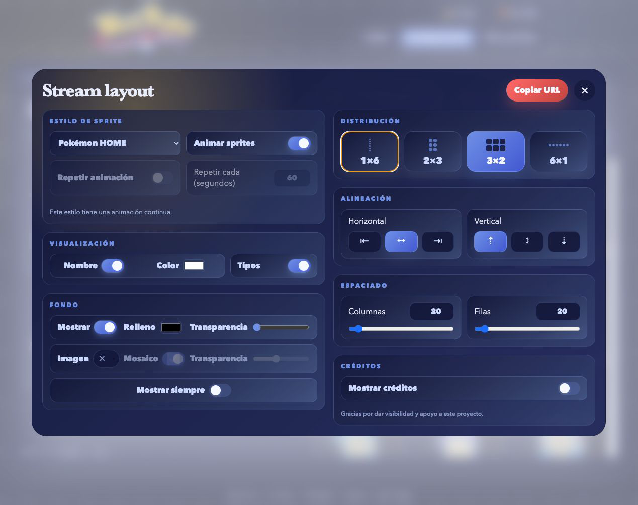 Vista general de configuración del layout de stream