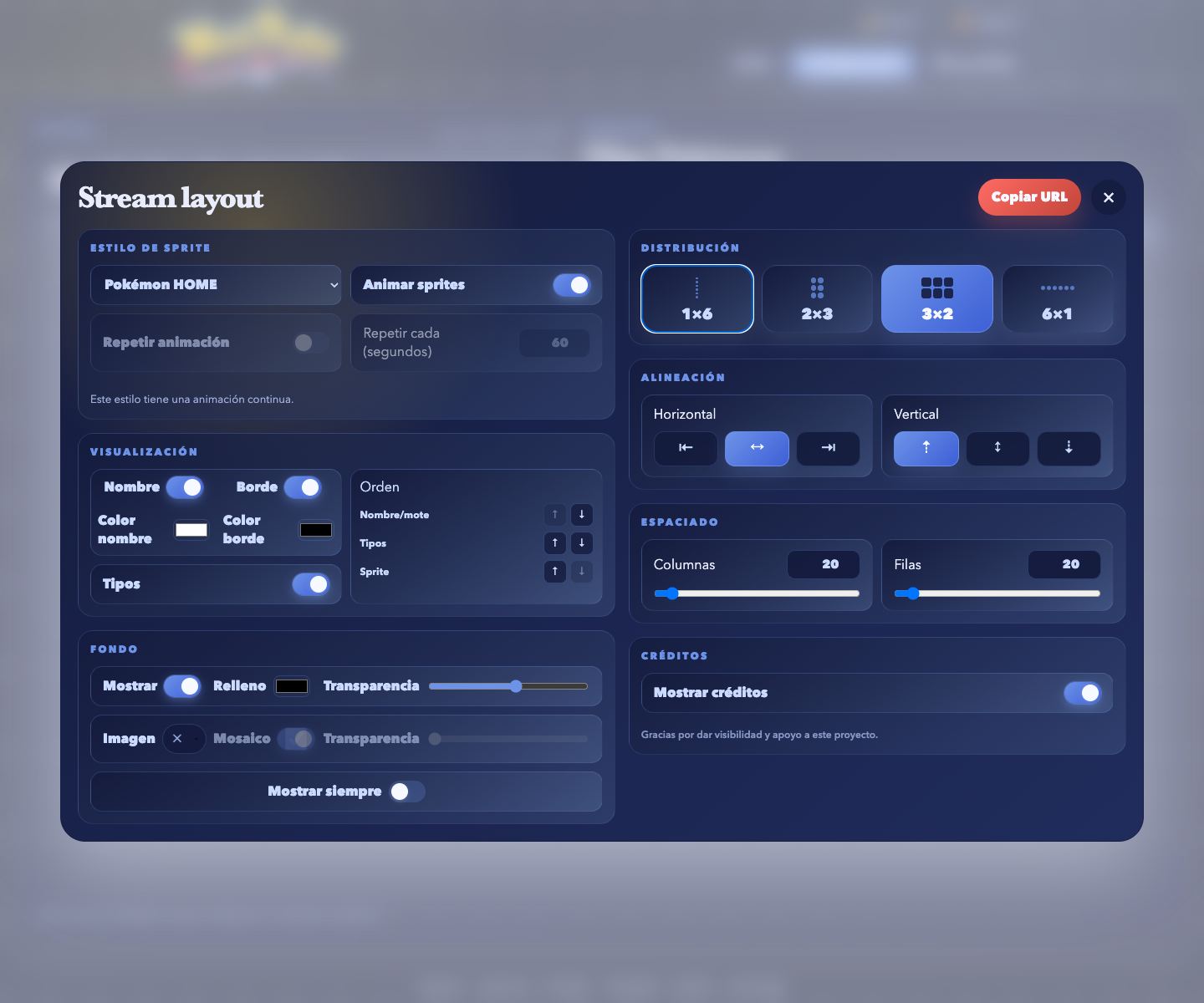 Configuración completa del layout con controles de nombre, borde, orden, tipos, fondo y distribución