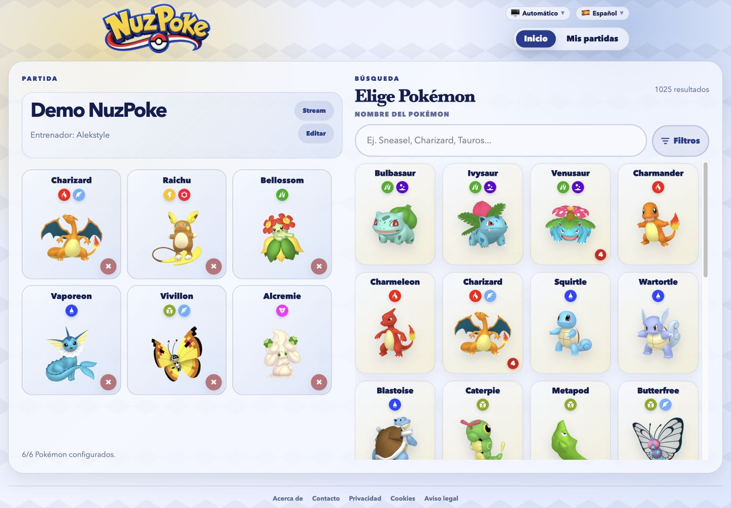 Pantalla de configuración con seis Pokémon y el buscador de especies